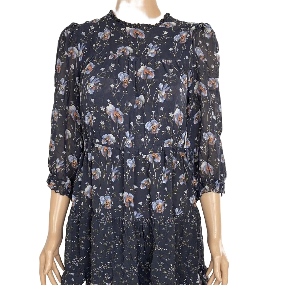 NEW ULLA JOHNSON Women's Abri Tiered Silk Mini Dress Navy Floral Size 2